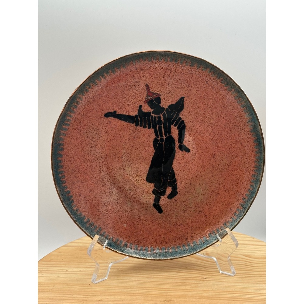 Vintage Mid Century Modern Enamel on Copper Plate 7" Signed Silhouette Dancer